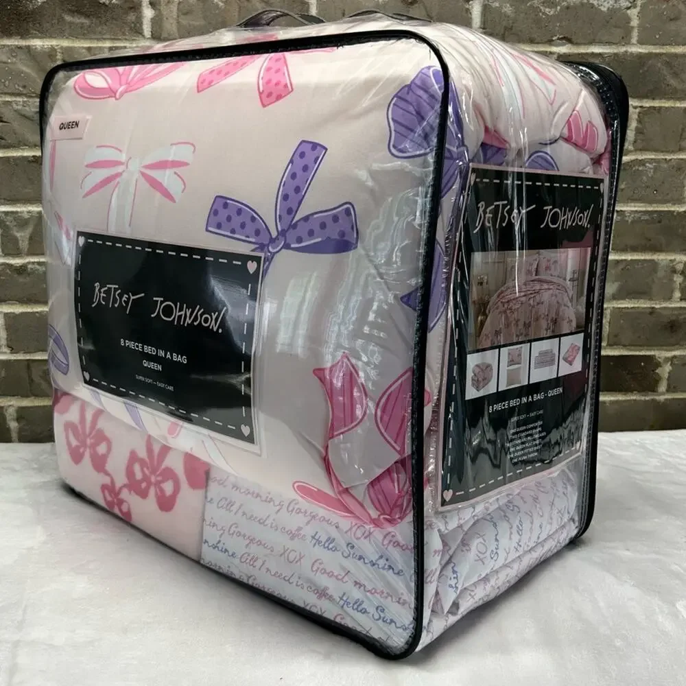 Betsey Johnson Comforter 8 Piece Set Sheets Throw Queen Pink Bows & Ribbons NEW